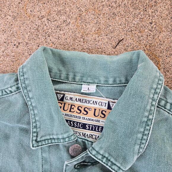 Vtg 90s GUESS JEANS Triangle Logo Patch Earthtone Wash Denim Trucker Jacket Lg - Picture 4 of 7